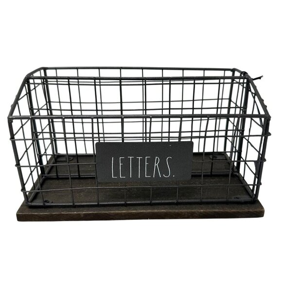 Rae Dunn LETTERS Wire Mail Basket Organizer Wood Base Farmhouse Office Decor - Picture 1 of 12